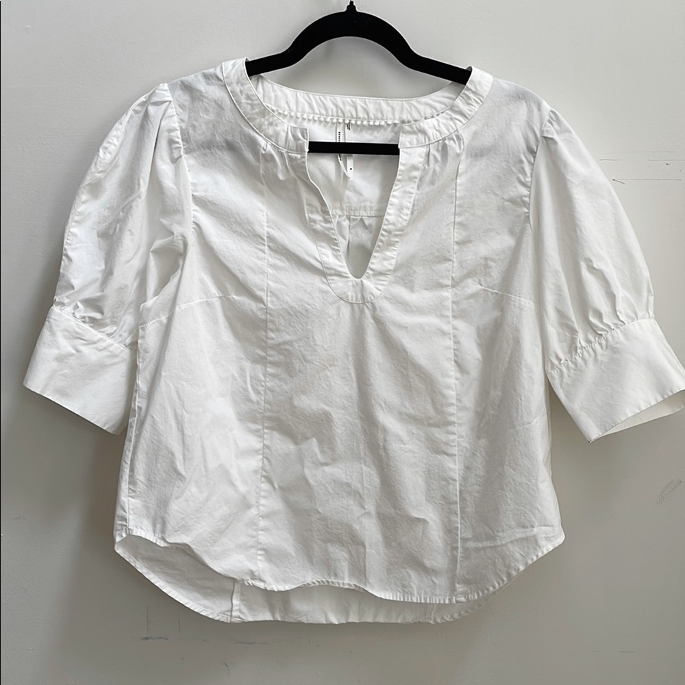 Anthropologie White Puff Sleeve Blouse with Mandarin Collar - size M